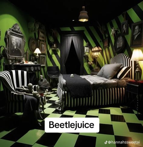 Beetlejuice Interior Design, Tim Burton Interior Design, Upcycling Interior Design, Beetlejuice Living Room, Beetlejuice Bed, Beetlejuice Bedroom Ideas, Beetlejuice Room Decor, Tim Burton Room Decor, Beetlejuice Room Ideas