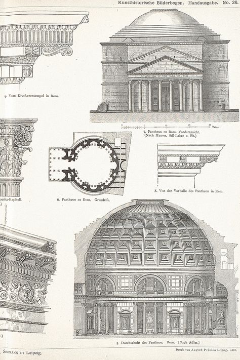 Elevation, Plan, and Section Drawings of Pantheon in Rome, Italy Pantheon Rome Drawing, Roman Architecture Aesthetic, Pantheon Drawing, Pantheon Architecture, Ancient Rome Architecture, Ancient Rome Aesthetic, Ancient Roman Houses, Roman Pantheon, Italia Aesthetic