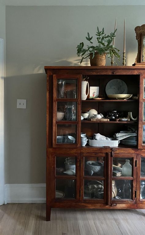 Vestige Home, China Cabinet In Living Room, Antique China Cabinet Display, Cabinet In Living Room, Display Cupboard, Walnut Living Room, Built In Daybed, Portola Paint, Antique China Cabinets