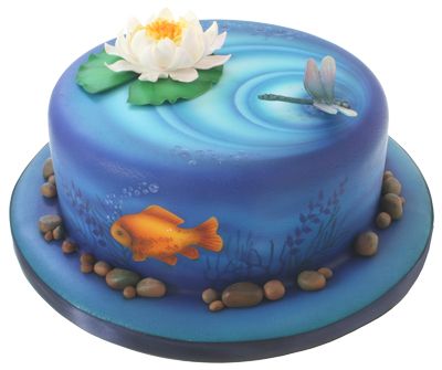 Airbrushed Cakes, Puding Cake, Pond Cake, Lotus Cake, Airbrush Cake, Hand Painted Cakes, Painted Cakes, Fish Cake, Specialty Cakes