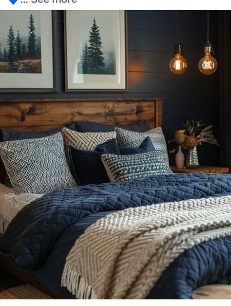 Statement Walls Bedroom, Young Mans Bedroom, Boys Bedroom Colors, Dark Brown Bedrooms, Grey And Gold Bedroom, Comfy Cozy Home, Lakehouse Bedroom, Country Bedroom Decor, Dark Blue Bedrooms