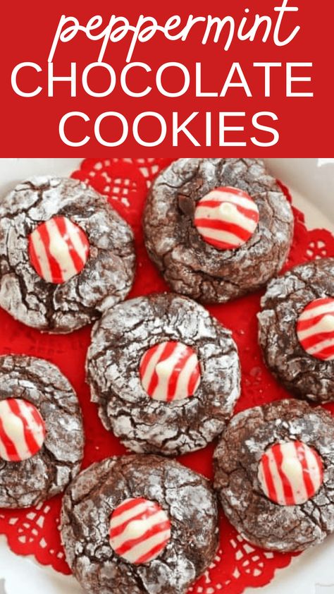 Chocolate Peppermint Kiss Cookies are soft and chewy chocolate cookies topped with a peppermint candy Hershey's Kiss. Perfect for the holidays. Peppermint Kiss Chocolate Cookies, Chocolate Peppermint Hershey Kiss Cookies, Mint Kisses Recipes, Chocolate Cookie With Peppermint Kiss, Chocolate Peppermint Kiss Cookies, Hershey Peppermint Kiss Cookies, Chocolate Cookies With Peppermint Kisses, Peppermint Hershey Kiss Cookies, Peppermint Kisses Recipes