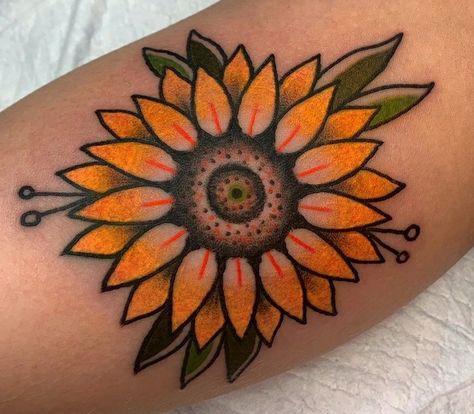 Sunflower Tattoo Traditional Black, Sunflower American Traditional Tattoo, Traditional Tattoo Sunflower, American Traditional Sunflower, American Traditional Sunflower Tattoo, Traditional Daisy Tattoo, Traditional Foot Tattoo, Traditional Sunflower Tattoo, June Tattoos