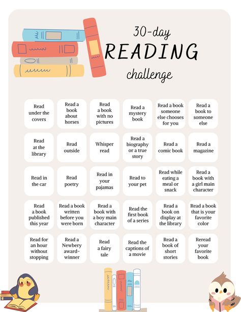 Make reading fun with this fun 30 day challenge! 30 Days Reading Challenge, Daily Challenges Fun, 30 Day Reading Challenge, Reading Bingo, Make Reading Fun, Book Club Recommendations, Summer Reading Challenge, Random Products, Halloween Games For Kids