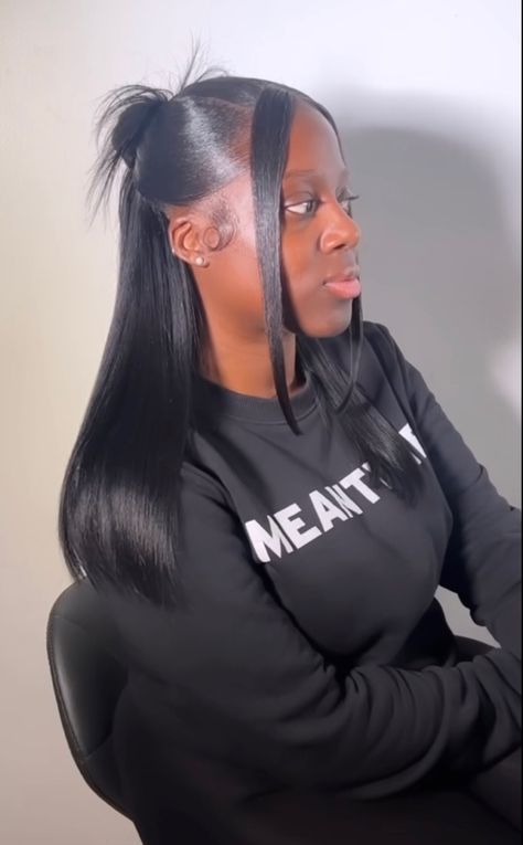 Half Up Half Down Hair Black Women Y2k, Half And Half Quick Weave, Half Up Half Down Hairstyles With Weave, Low Half Up Half Down Hair Black Women, Pressed Hairstyles, Silk Press Natural Hair, Sleek Ponytail Hairstyles, Frontal Wig Hairstyles, Straight Weave Hairstyles