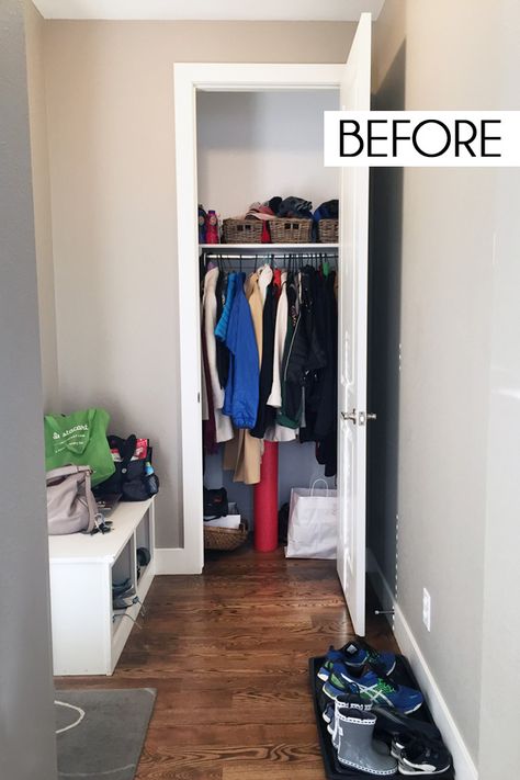 Small Hall Closet, Coat Closet Design, Entryway Closet Organization, Coat Closet Storage, Hall Closet Organization, Coat Closet Makeover, Coat Closet Ideas, Small Coat Closet, Closet Storage Solutions