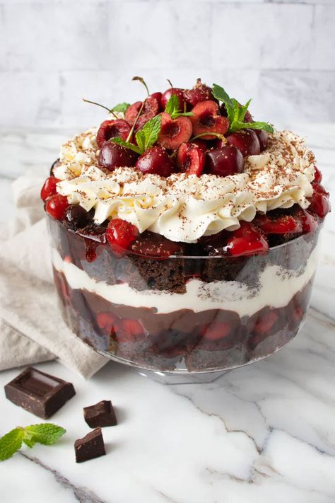 Chocolate Cherry Trifle Chocolate Cherry Trifle, Cherry Trifle, Trifle Dish, Canned Cherries, Box Chocolate, Sweet Butter, Fresh Cherries, Chocolate Cherry, Chocolate Pudding