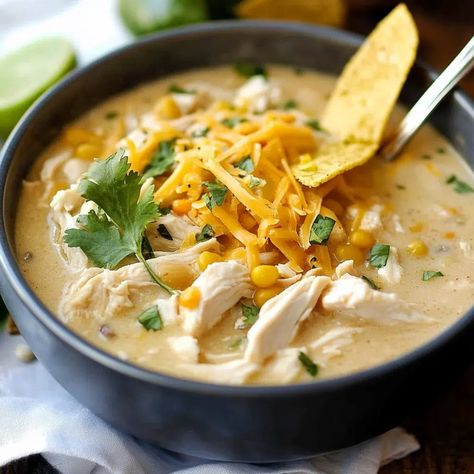 Creamy Crockpot White Chicken Chili Recipe - sandyrecipes.com Creamy Crockpot White Chicken Chili, Crockpot White Chicken Chili Easy, White Chicken Chili Stove Top, Creamy White Bean Chicken Chili, White Bean Chicken Chili Crockpot, Chicken Beans, White Chicken Chili Recipe, Chicken Chili Crockpot, White Bean Chicken Chili