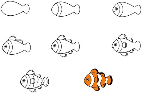 A Step-By-Step Tutorial On How To Draw A Clown fish 1 Clownfish Drawing Easy, How To Draw A Clown Fish, Draw Fish Step By Step, Clown Fish Drawing, Fish Drawing Tutorial, Fish Drawing For Kids, Lol Coloring Pages, Lol Coloring, Drawn Fish