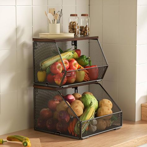 Amazon.com - Fruit Basket for Kitchen Wire Baskets with Wood Lid, Wall Mounted Produce Basket for Fruit and Vegetable, Stackable Countertop Onion and Potato Storage, 7.1"W & 11.1"W Kitchen Counter Organizer Counter Fruit Storage, Fruit Storage Ideas, Onion And Potato Storage, Fresh Produce Storage, Basket For Fruit, Produce Basket, Bathroom Shelves For Towels, Wall Basket Storage, Counter Organizer