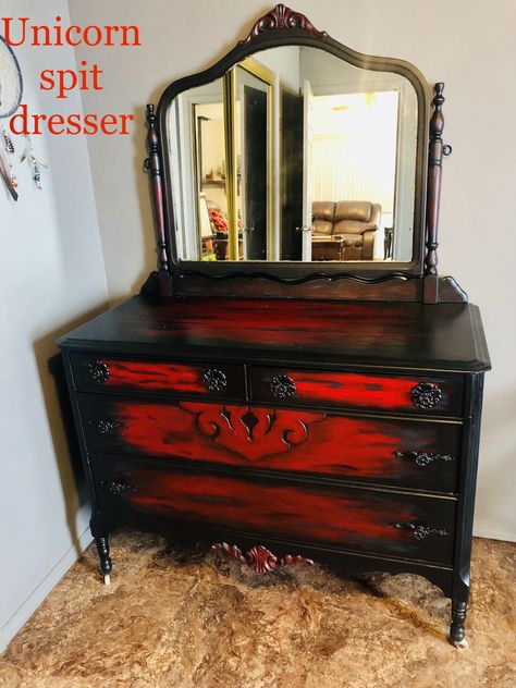 Diy Dresser Makeover Gothic, Unicorn Spit Dresser, Gothic Dresser Makeover, Diy Painted Dresser Ideas, Unicorn Spit Furniture, Goth Dresser, Gothic Dresser, Gothic Furniture Diy, Refurbished Dresser