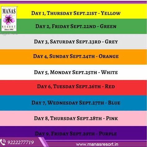 Wondering the different colors for the nine days? Here are the colors for Navratri 2017. #ManasResort #Igatpuri Navratri Colours 2024 List, Navratri 9 Days Colours, Navratri Colours, Red Day, Pink Day, White Day, Different Colors, Purple, Red