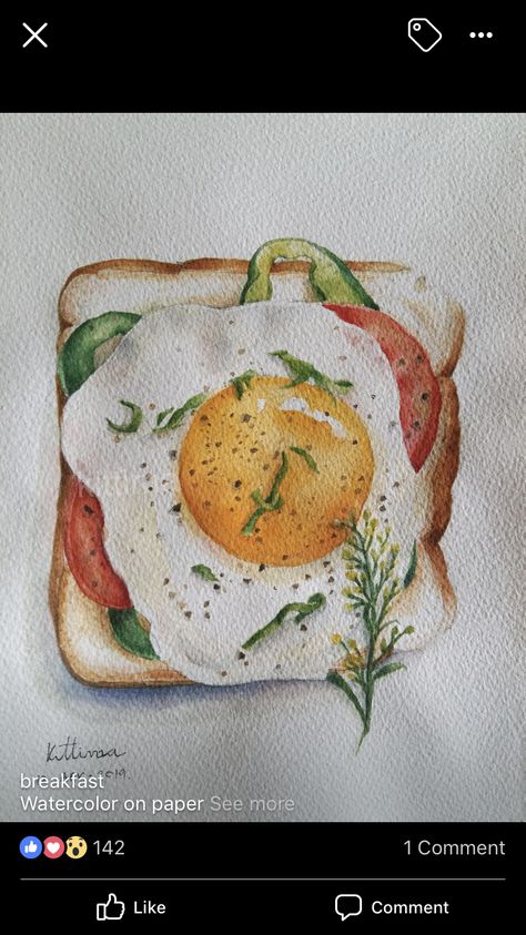 Water Colour Food Art, Food In Watercolor, Breakfast Food Art Drawing, Breakfast Watercolor Food Illustrations, Watercolour Food Art, Food 2 Draw, Food Drawing Watercolor, Food Art Watercolor, Food Artwork Painting