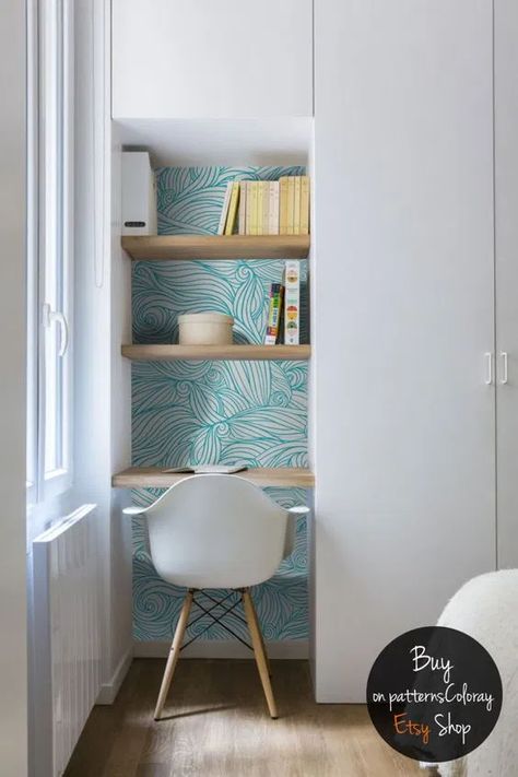 Simple Steps To An Organised Home Office • One Brick At A Time Office Nook, Bilik Tidur, Removable Wall Murals, غرفة ملابس, Study Table, Removable Wall, Book Shelf, Home Office Design, Vintage Wallpaper