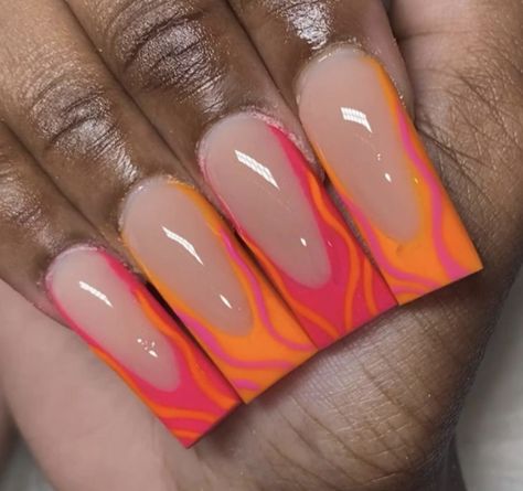 Summer Nail Designs 2024 Square, Tangerine Nails Design, Pink And Peach Nails, Square Nails Christmas, Orange Acrylic Nails Designs, Neon Orange And Pink Nails, Pink And Orange Acrylic Nails, Neon Orange Acrylic Nails, Orange And Pink Nail Designs