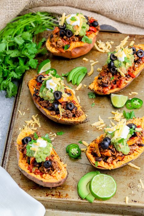 Sweet Potato Taco Boats - Sprinkles & Sea Salt Sweet Potatoe Taco, Sides Potatoes, Taco Boats, Potato Boats, Potatoes Stuffed, Recipe Sweet Potato, Sea Salt Recipes, Taco Filling, Sweet Potato Tacos