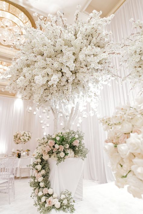 Opulent Wedding, White Wedding Decorations, Inside Weddings, Winter Centerpieces, White Wedding Theme, Cherry Blossom Wedding, Luxury Wedding Decor, White Cherry Blossom, All White Wedding