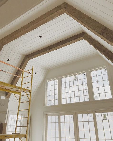 Ceiling Trim, Shiplap Ceiling, Ceiling Design Modern, Timber Beams, Wood Beam Ceiling, Yellow Living Room, Cozy Living Spaces, Mid Century Modern Kitchen, North Carolina Homes