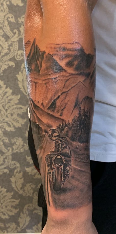 Motorcycle Forearm Tattoo, Motorcycle Mountain Tattoo, Motorcycle Aesthetic Tattoo, Road To Mountains Tattoo, Road Tattoo Design, Motorcycles Tattoo, Road Tattoos, Tattoo Mountains, Berg Tattoo