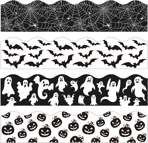 Amazon.com: Whaline 69Ft Halloween Bulletin Board Borders Pumpkin Bat Ghost Spider Decoration Borders White Black Trim Border Bulletin Board Stickers for School Classroom Office Party Decoration, 4 Designs : Office Products Spider Web Border, Halloween Library Displays, Border Bulletin Board, Halloween Border, Stickers For School, School Kids Activities, Halloween Bulletin Boards, Elegant Touch Nails, Pumpkin Patterns