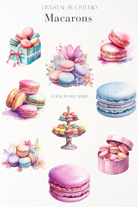 Pastel watercolor macaron clip art images for sale. Download instantly. Free commercial use. Macarons Illustration, Macaron Clipart, Macaron Art, Food References, Menu Designs, Food Clipart, Watercolor Clip Art, Watercolor Food, Food Clips