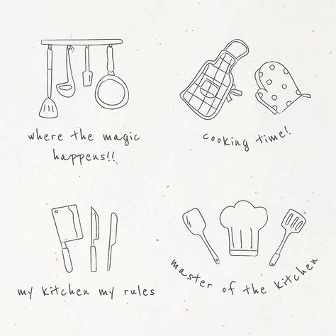 Cute Kitchen Utensils, Cooking Tattoo, Ryn Frank, Food Tattoos, Cooking Design, Doodle Stickers, Kitchen Drawing, Kitchen Logo, Printable Sticker Sheets