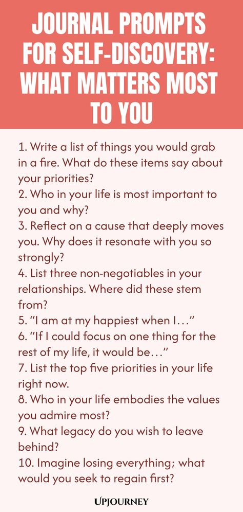 Explore your inner thoughts and values with these thought-provoking journal prompts for self-discovery. Reflect on what truly matters to you and delve deep into understanding your core beliefs and aspirations. Take some time for introspection and uncover the things that are most important in your life. Use these prompts to empower yourself, gain clarity, and embark on a journey of self-awareness. Strengthen your connection with yourself through journaling and discover a deeper sense of fulfillme Self Work Journal Prompts, Identity Journal Prompts, Therapy Writing, Self Discovery Journal Prompts, Self Discovery Journal, Blocked Energy, Work Etiquette, Psychology Terms, Relationship Quizzes