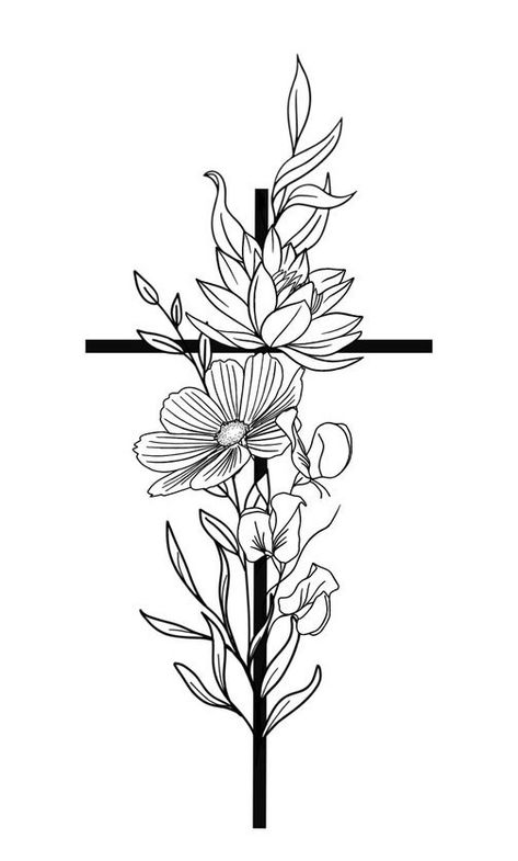 Cross And Flower Tattoo, Flower Tattoos For Men, Flower Hand Tattoo, Cross Flowers, Flower Tattoo Stencils, Flower Sleeve, Flowers Tattoo, Crown Of Thorns, Tattoos Gallery