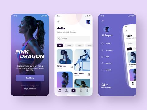 Pink Dragon App Design Part 3 by YueYue for Top Pick Studio on Dribbble Fitness Apps Design, Moodboard App, การออกแบบ Ui Ux, Dance App, Gym App, Fit App, Mobile Application Design, Desain Ui, Android Design