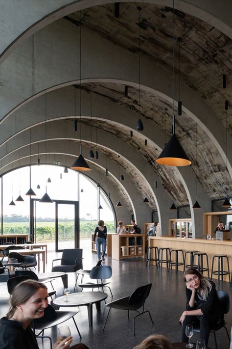 Sweeping curves soften the concrete and glass form of this Czech Republic winery, designed by local practice Chybik + Kristof. Lahofer winery in Dobšice features a visitor centre and tasting room, which takes cues from local Moravian wine-making traditions. It has a vast barrel-vaulted interior supported by a grid of arched beams, which emulate the style of the region’s wine cellars. #brutalist #brutalism #brutalistinteriors #interiors #concrete #restaurant #design Brutalist Restaurant, Winery Design Interior, Concrete Restaurant, Tasting Room Design, Winery Interior, Arched Beams, Industrial Style Restaurant, Urban Winery, Wineries Architecture