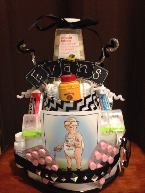 Funny/gag gift geriatric diaper cake made from "depends" Depends Cake, 60th Birthday Ideas For Dad, Bunco Ideas, 50th Birthday Gag Gifts, 50th Birthday Gifts For Men, Funny 50th Birthday Gifts, Kpop Ideas, Cake 5, 60th Birthday Cakes