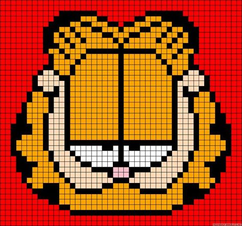 Garfield Garfield Pixel Art Grid, Crochet Image Patterns, Cartoon Cross Stitch Patterns, Garfield Cross Stitch Pattern, Garfield Perler Bead Patterns, Garfield Alpha Pattern, Perler Beads Designs Pattern Pixel Art, Garfield Perler Beads, Garfield Pixel Art