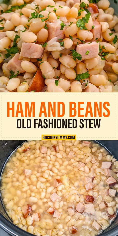 Let Old Fashioned Ham and Beans Stew transport you to a world of comforting, timeless flavors. With its simple yet satisfying combination of ham, beans, garlic, and onion, this dish has been a favorite for generations. It's the perfect choice for cold days when you need a bowl of nostalgia to warm your heart. Whether you're using a slow cooker, stovetop, or pressure cooker, the result is a delicious, soul-nourishing meal that brings back cherished memories of family gatherings. Ham And Bean Soup Recipes Without Bone, Crockpot Ham And Beans No Soak, Ham N Beans Crockpot, Ham And Beans Stovetop Dry Beans, Northern Beans And Ham Stovetop, Ham And Bean Soup Recipes Old Fashioned, Ham And Beans Stovetop, Ham N Beans, Great Northern Beans And Ham