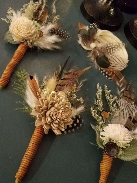 Boutineer With Duck Feather, Feather And Flower Bouquet, Flower Bouquet With Feathers, Wedding Flowers With Pheasant Feathers, Turkey Feather Wedding Decor, Turkey Feather Boutonniere, Turkey Feather Wedding, Pheasant Feather Wedding, Wedding Bouquet With Feathers