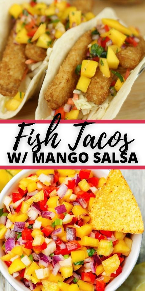 Fish Tacos with Mango Salsa are the perfect combination of crispy, tender fish and sweet and spicy salsa. Throw in your favorite veggies and this is one dinner that everyone will love. Fish And Salsa Recipe, Fish Tacos Salsa, Fish Tacos With Peach Salsa, Mango Salsa Fish Recipes, Fish Taco Salsa Recipes, Mango Salsa Recipe Fish Shrimp Tacos, Fish Taco Mango Salsa, Fish Tacos With Mango Slaw, Fish Taco Salsa