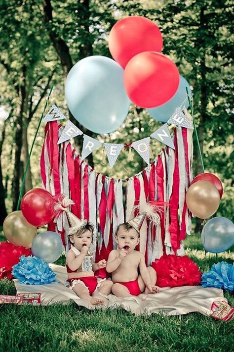 Carnival First Birthday Photoshoot, Carnival Birthday Photo Shoot, Twin Birthday Themes, Carnival Birthday Theme, Circus First Birthday, Vintage Circus Theme, Circus 1st Birthdays, Twin Birthday Parties, 1st Birthday Pictures