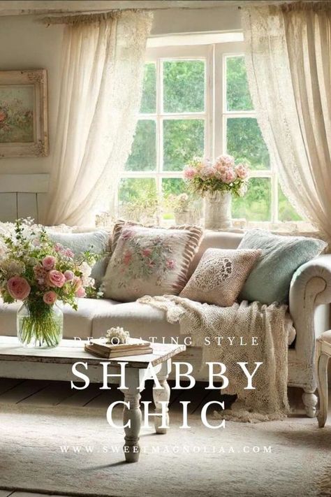 A Guide to Shabby Chic Interior Design Style - Sweet Magnoliaa Shabby Chic Interior Design Style, Chic Living Room Furniture, Sustainable Living Room, French Country Decorating Living Room, Vintage Shabby Chic Decor, Shabby Chic Interior Design, Chic Bedroom Decor, Estilo Shabby Chic, Chic Interior Design