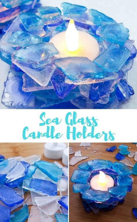 Super Easy DIY Tea Light Candle Holders Made with Sea Glass Diy Tea Light Candle Holders, Sea Glass Candle Holder, Diy Jewelry Hanger, Sea Glass Candles, Sea Glass Diy, Deco Marine, Sea Glass Ideas, Diy Tea, Tea Light Candle Holders