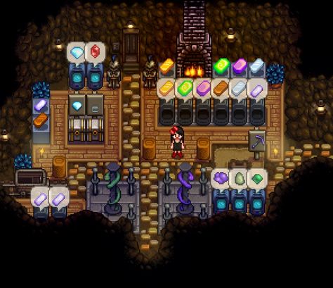 Cool Stardew Valley Farms, Stardew Valley Carpenter Shop, Stardew Cave Design, Stardew Mine Decor, Stardew Valley Fruit Bat Cave, Stardew Valley Farm Ideas, Stardew Valley Farmer, Stardew Design, Stardew Layout