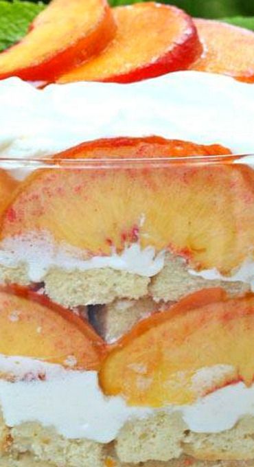 Joanna Gaines Peach Trifle, Cream Cheese Trifle, Dessert Trifles, Peach Trifle, Angelfood Cake, Peaches Cream Cheese, Cake Trifle, Trifle Cake, Fresh Peach Recipes