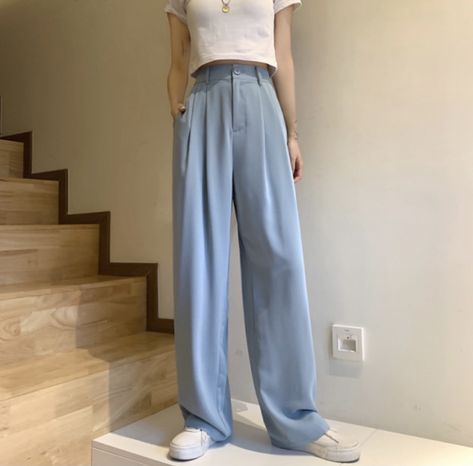 Wide Pants Outfit, Slacks Outfit, Varsity Jacket Outfit, Blue Trousers, Formal Casual, Straight Trousers, Loose Pants, Wide Pants, Casual Sets