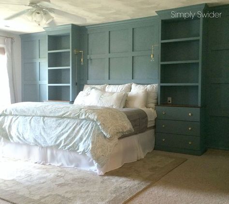 DIY Master Bedroom Built-ins would look cute for Chase since she doesn't have a headboard. Closet Upgrade, Rustic Master, Ikea Built In, Bedroom Built Ins, Tent Bed, Relaxing Decor, Benjamin Moore Gray, Built In Dresser, Wire Shelves