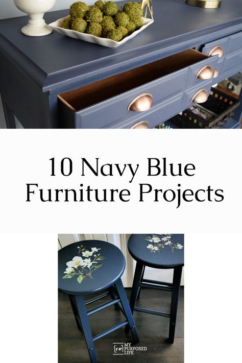 This collection of navy blue furniture will have you searching for that perfect piece to paint! Is dark blue the new black? via @repurposedlife Navy Blue Headboard, Navy Blue Furniture, Furniture Makeover Ideas, Black Painted Furniture, Navy Blue Sofa, Repurposed Dresser, Repurposing Ideas, Upcycling Projects, Modern Buffet