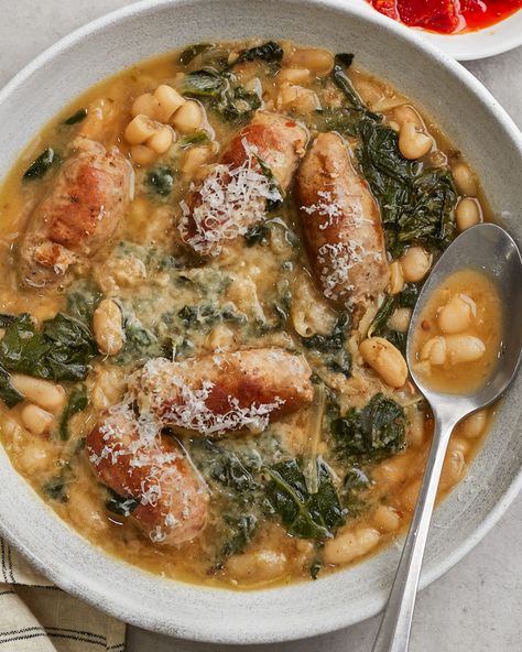 Sausage, Greens and Beans - Gluten-Free | PrimalGourmet Primal Gourmet, Greens And Beans, Autumn Cooking, Gluten Free Sausage, Supper Tonight, Fall Eats, Homemade Beans, Beans And Sausage, Homemade Chicken Stock