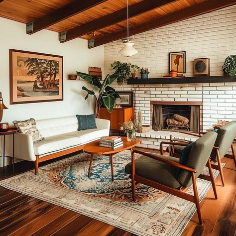 Mcm Living Room With Fireplace, Living Room Midcentury Modern, Midcentury Modern Living Room Decor, Midcentury Modern Fireplace, Fall Living Room Ideas, Midcentury Modern Living Room, Remodeling House, Warm Color Palettes, Cozy Decor Ideas