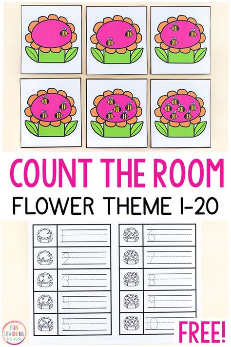 Free printable flower theme count the room activities for spring math centers in preschool and kindergarten. Add this fun counting activity for kids to your spring lesson plans! Plant Math Activities For Preschool, Spring Write The Room Kindergarten Free, Flowers Math Activities Preschool, Spring Write The Room Free, Count The Room Kindergarten Free, April Activities For Kindergarten, Plants And Flowers Preschool Theme, Kindergarten Flowers, Spring Math Activities Preschool