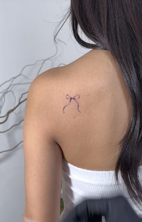 Small Delicate Tattoos For Women Simple, Shoulder Bow Tattoo, Dainty Shoulder Tattoo, Soft Tattoo Aesthetic, Now Tattoo, Bow Tattoos, Tato Minimal, 16 Tattoo, Small Girly Tattoos