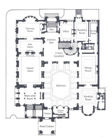 Cornelius Vanderbilt II Residence | 1 West 57th Street, New York City (on the Grand Army Plaza south). First Floor plans as designed by George B. Post and Richard Morris Hunt feature primarily "public rooms" including the Ballroom. Mansion New York, Gilded Age Mansions, New York Mansion, Mansion Plans, Cornelius Vanderbilt, Vanderbilt Mansions, Richest Man, Mansion Floor Plan, Mega Mansions