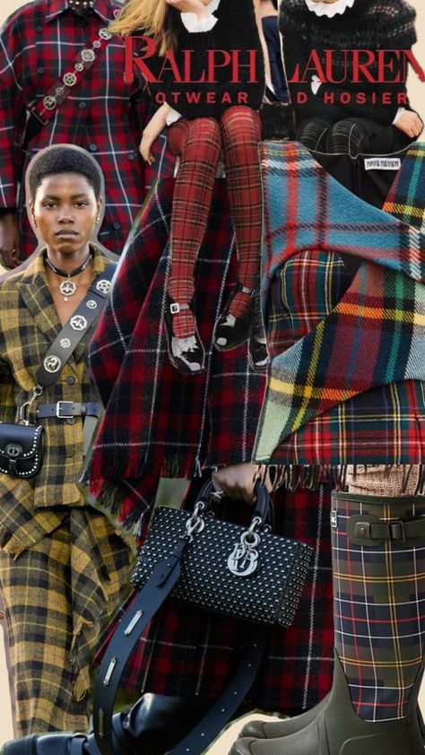 Tartan pattern is one of the AW trends for 24/25 Aw 2024 Fashion Trends, Winter 24/25 Trends, Aw 24/25 Trends, Fashion Trends 2024 Fall Winter, Autumn Trends 2024, Tartan Aesthetic, Ralf Loren, Tartan Punk, Vivienne Westwood Punk