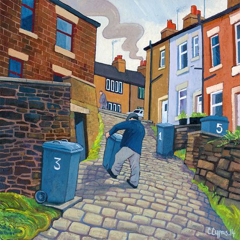 Bin Day by Chris Cyprus Art Buildings, Children Games, Naïve Artist, Flat Caps, Original Paintings For Sale, Picture Framing, Cityscape Art, House Portraits, Gcse Art